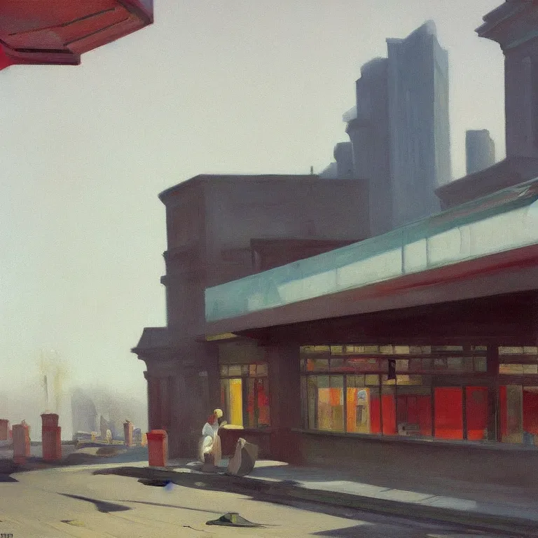 Image similar to trash flowing everywhere, piles of trash, fog, early morning, , painted by Edward Hopper, painted by Wayne Barlow, airbrush