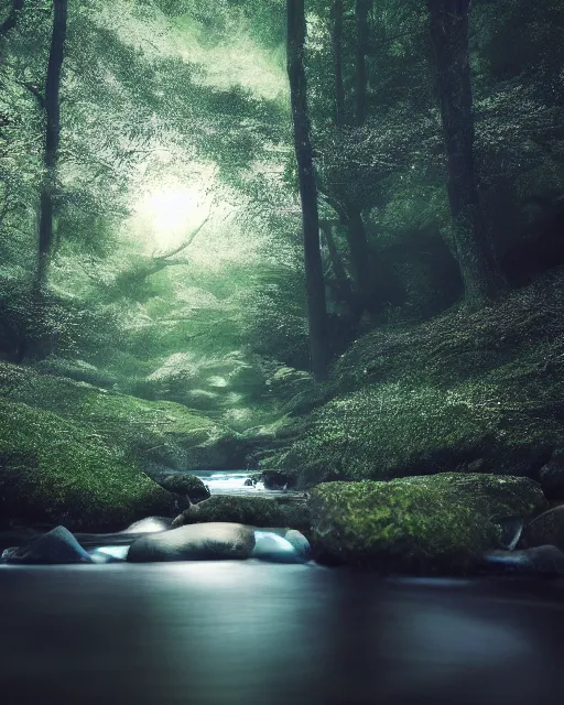 Image similar to a gently flowing stream in the middle of a japanese forest at night, dark and dim lighting, beautiful, tranquil, moody, cinematic, fantasy, 3 5 mm lens, volumetric lighting, first person view, photographic render, hyper realistic