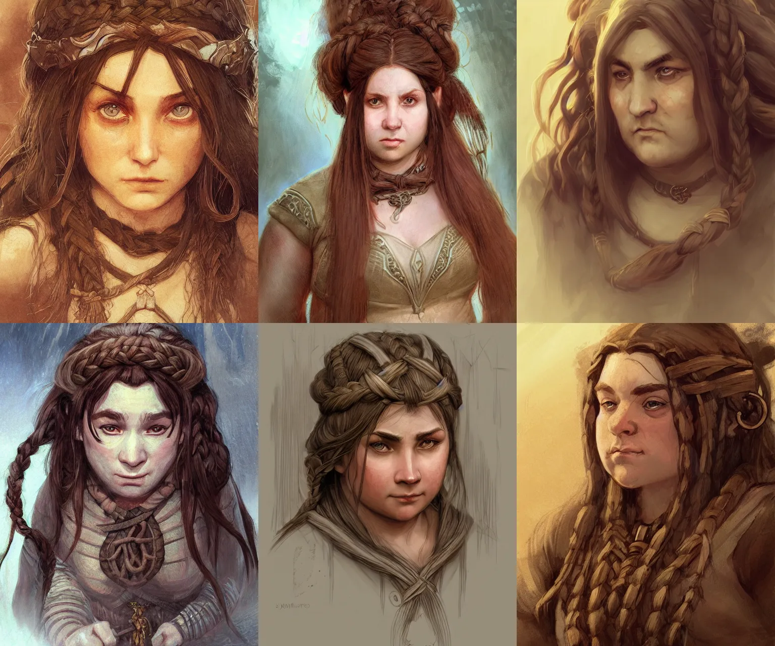Prompt: valiant chubby female dwarf cleric, highly detailed face, neat braided hair, big nose, realistic, beautiful fantasy art, d & d, lord of the rings, in the style of jeffrey catherine jones and louis janmot, illustration, fantasy, intricate, hyper detailed, artstation, concept art, smooth, sharp focus, ray tracing, vibrant
