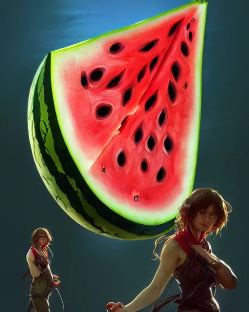 Prompt: an giant watermelon, cute pose, highly detailed, digital painting, artstation, concept art, smooth, sharp focus, illustration, art by artgerm and greg rutkowski and alphonse mucha