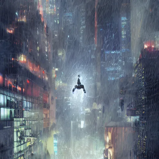 Image similar to a hyperdetailed photograph of iron man flying through the skies of a cyberpunk, futuristic city, night, dense fog, rain, hd, 8 k resolution by greg rutowski, stanley artgerm, alphonse mucha