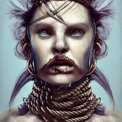 Image similar to portrait of a Shibari rope wrapped face and neck, headshot, insanely nice professional hair style, dramatic hair color, digital painting, of a old 15th century, roman gladiator, amber jewels, baroque, ornate clothing, scifi, realistic, realistic realistic realistic eyes, hyperdetailed, chiaroscuro, concept art, art by Franz Hals and Jon Foster and Ayami Kojima and Amano and Karol Bak,