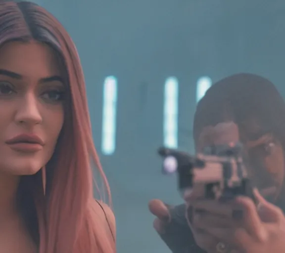 Image similar to a movie still of kylie jenner as joi aiming a gun with ryan gosling in the movie blade runner 2 0 4 9