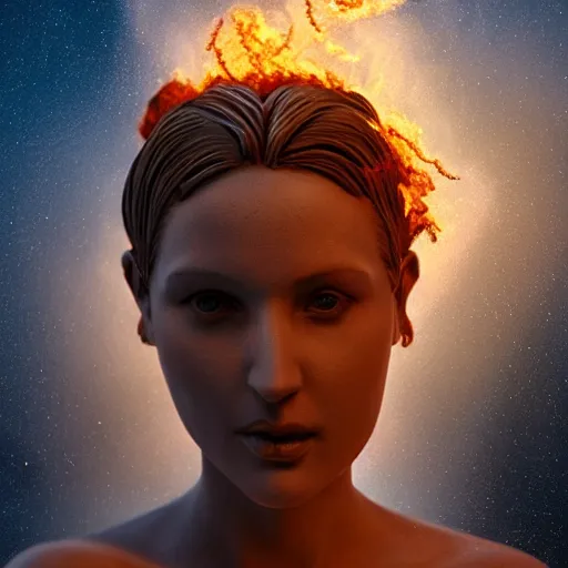 Prompt: sculpture of greek goddess portrait ,drawn in water ,fire,smoke,hyper realistic,photo real, concept art, nebulas trail as she moves highly detailed, hdri, 4k -