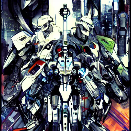 Prompt: the robot brothers orion and sirius, the ego and the id, the form and the function, the bird and the wolf, both were disconnected from the simulation by a human virus, game poster by yoji shinkawa