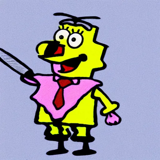 Image similar to crayon drawing of spongebob squarepants holding a kitchen knife