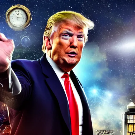 Image similar to a beautiful photograph of donald trump as'doctor who ', time vortex in the background, detailed face, symmetrical face, extreme realism and detail, 8 k, completely framed, direct lighting, 3 5 mm photo, photorealistic, sharp focus