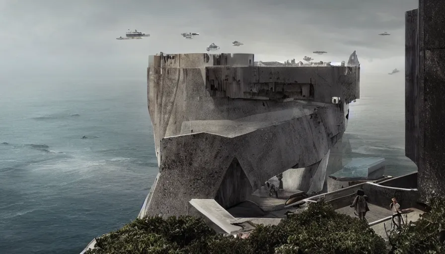 Prompt: coastal perched on a cliff overlooking a magnificient bay, bond villain base, drawing architecture, imperial architecture in rogue one, pritzker architecture prize, brutalism architecture, jan urschel, greig fraser