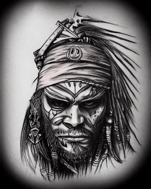 Prompt: pirate ship on a deserted island blended with a warrior warrior face, realism tattoo drawing, hyper realistic, shaded