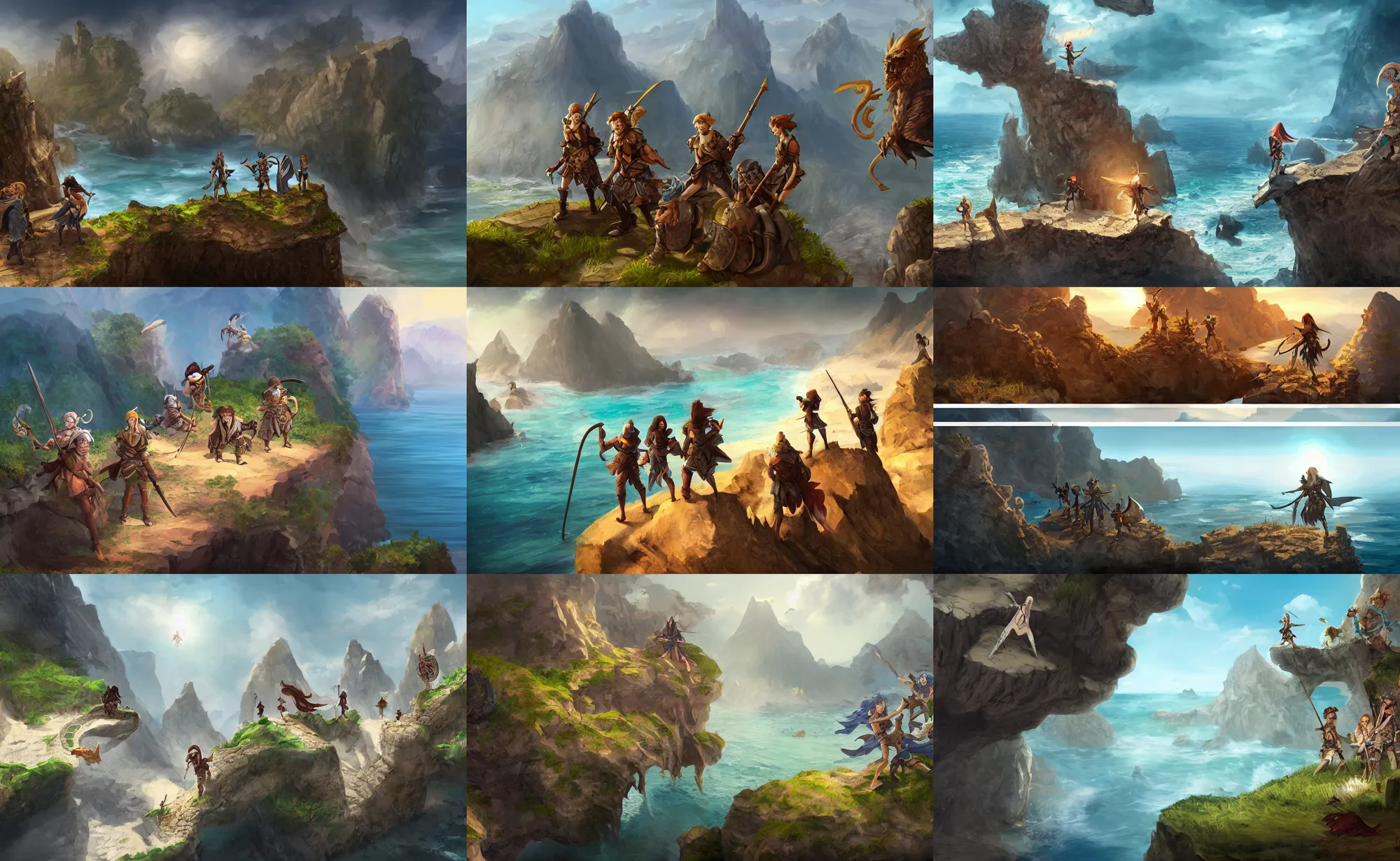 Prompt: four dnd adventurers hiding on a cliff over a beach, sunny, fantasy art, concept art, digital art, epic, 4 k