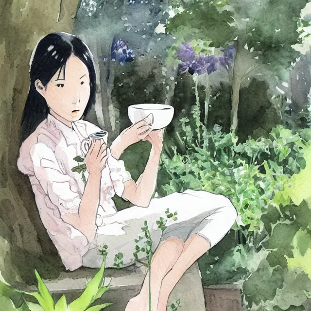 Image similar to hanako tanaka drinking coffee in the garden. watercolor by the award - winning concept artist