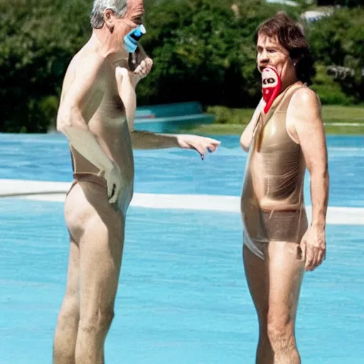 Prompt: Tony Blair in transparent swimwear, he is wrapped in tight cellophane. Photorealistic beauty and death vomits from his gaping mouth