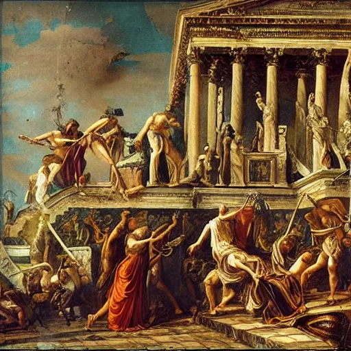 Prompt: “ the sacking of rome by the vandals, painted, intricate, detailed ”