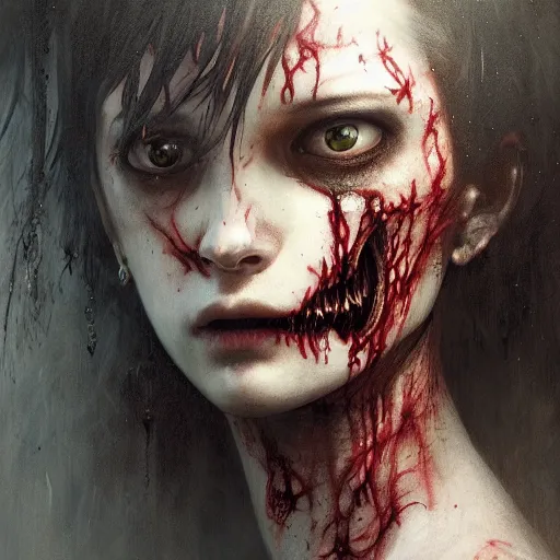 Image similar to A closeup portrait of an attractive zombie girl, fullbody, horror, intricate, moody, highly detailed, artstation, concept art, smooth, sharp focus, illustration, art by greg rutkowski and orientalism and bouguereau and Zdzislaw Beksinski, Dungeons & Dragons, good clear quality, lighting, biology, symmetrical artwork, evil, 135 mm, cinematic, hyper realism, high detail, octane render, 8k, chrome accents