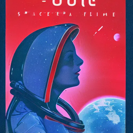 Image similar to vintage sci-fi book cover, a beautiful woman in a spacesuit, warm azure tones, red color bleed, light effects, lit from behind, film grain