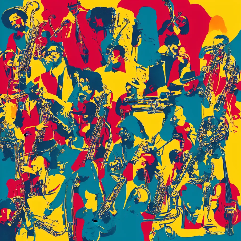 Image similar to modern italian graphic design, album cover for a jazz band, stylish, colorful