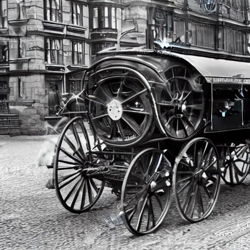 Image similar to close up of vintage steam car in victorian london, cinematographic shot,