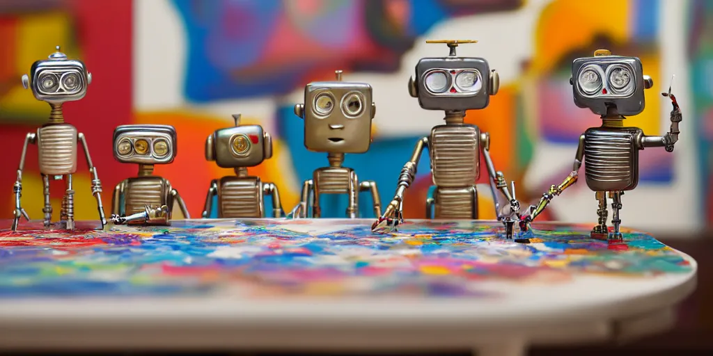 Prompt: closeup portrait of tin toy retro robots painters mixing gouache on white paper table in an artist workshop, depth of field, zeiss lens, detailed, centered, fashion photoshoot, by nicoletta ceccoli, mark ryden, lostfish, breathtaking, 8 k resolution, extremely detailed, beautiful, establishing shot, artistic, hyperrealistic, octane render