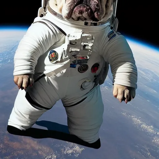 Prompt: bulldog dressed as an astronaut, surrealist