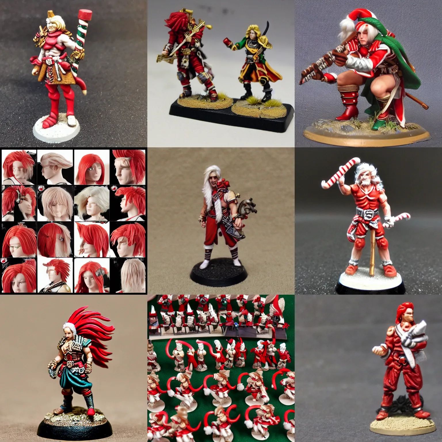 Prompt: 2 8 mm heroic scale miniature. games workshop. human bard. platinum blonde with red streaks. candy cane colored hair.