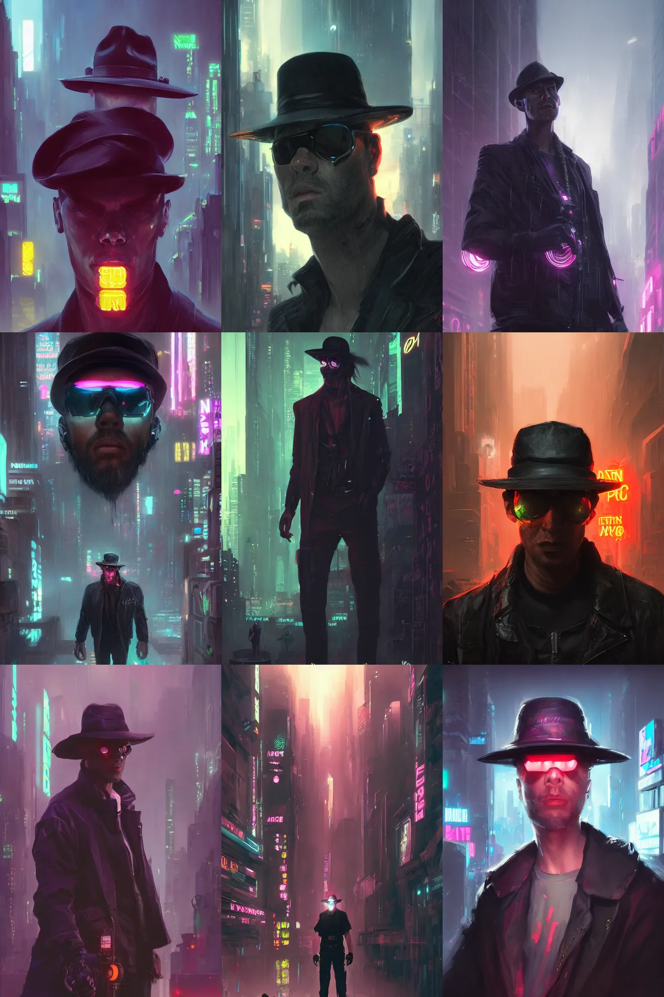 Prompt: portrait of detecive in the neon noir cyberpunk city man in black hat, epic portrait illustration, darek zabrocki, noah bradley, artstation