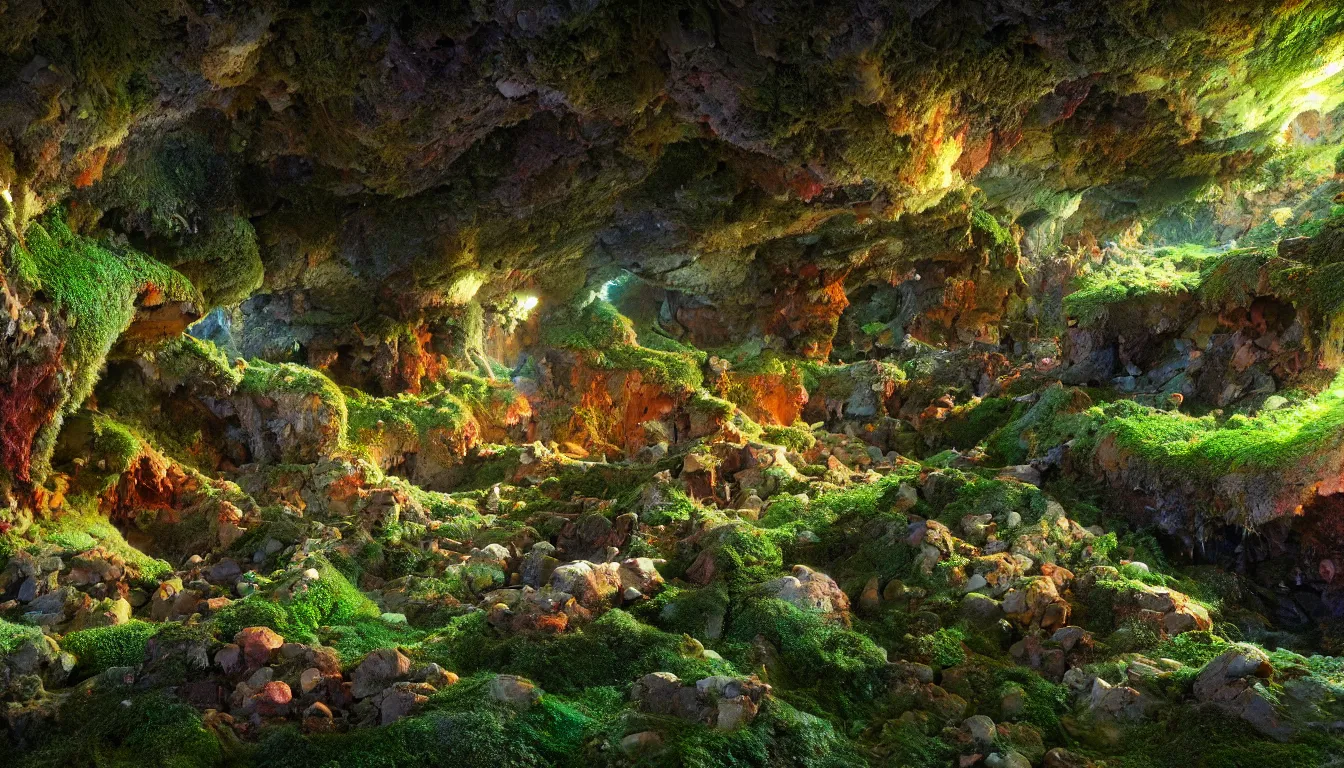 Prompt: expansive caves with growing biodiversity , the pools of liquid, dusk light illuminates dappled areas , volumetric light ,detailed entangled fibres carpet the fallen rocks ,full colour , upscale , 4k
