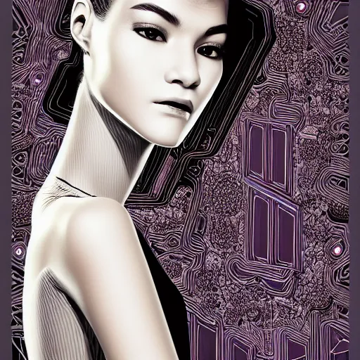 Prompt: the portrait of an elegant, sophisticated, fashionable robotess idol, an ultrafine illustration of young half arab zendaya mix by kim jisu, intricate linework, neon wiring, fashion, porcelain skin, unreal engine 5 highly rendered, global illumination, radiant light, detailed and intricate environment, by rutkowski, artgerm, marvel comics