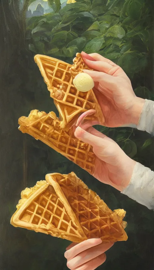 Prompt: still-life painting of hand holding a waffle cone containing gelato scoops by Krøyer, lush garden in the background, golden hour, dramatic lighting, volumetric lighting, intricate detail, canvas print