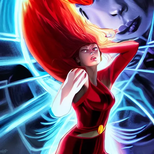 Image similar to Wanda Maximoff ultra instinct, artstation hall of fame gallery, editors choice, #1 digital painting of all time, most beautiful image ever created, emotionally evocative, greatest art ever made, lifetime achievement magnum opus masterpiece, the most amazing breathtaking image with the deepest message ever painted, a thing of beauty beyond imagination or words