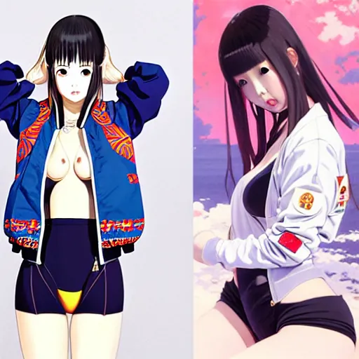 Image similar to a beautiful japanese lalisa alluring gravure model, wearing oversized designer bomber jacket and leotard, bulky poofy bomber jacket with mesoamerican patterns, mesoamerican native street fashion, gapmoe yandere grimdark, trending on pixiv fanbox, painted by greg rutkowski makoto shinkai takashi takeuchi studio ghibli, akihiko yoshida