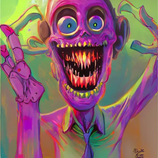 Image similar to colorful illustration of happy zombie, by zac retz and junji ito
