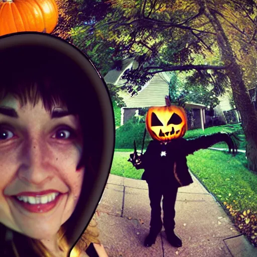 Prompt: a selfie of a woman trick - or - treating with a demon, fisheye lens photography, with a spooky filter applied, with a figure in the background, in a halloween style.