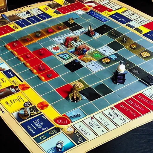 Prompt: boardgame, heroquest merged with monopoly, photo for advert