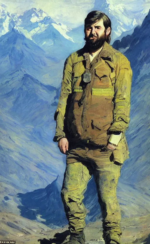 Prompt: portrait of gabriel boric with the andes mountain range in the background in a dystopic chile by john berkey and monet