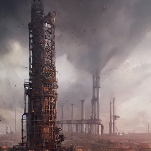 Prompt: highly detailed concept art of monumental chimney of the huge steelworks in the steampunk city center trending on Artstation by Daniel Dociu and Greg Rutkowski, high quality, dieselpunk, architecture, frostpunk, pollution and smoke, rusty