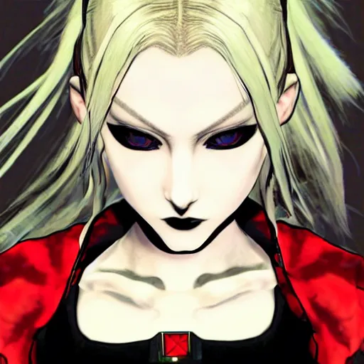 Image similar to beautiful pale - skinned goth girl with a red diamond on her forehead, yoji shinkawa