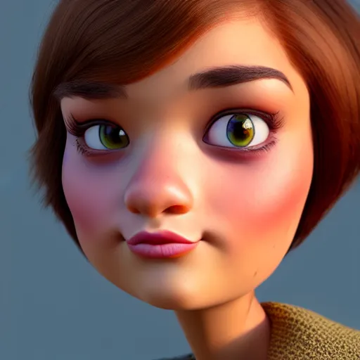 Image similar to A portrait of a plump woman, a cute 3d cgi toon woman with brown hair in a Bob, brown eyes, full face, olive skin, romanian heritage, medium shot, mid-shot, hyperdetailed, 8k, trending on artstation, as a Pixar character