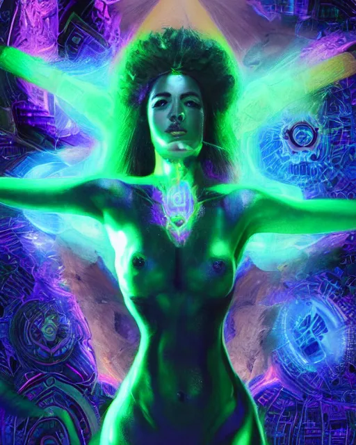 Image similar to a powerful energy psychedelic matrix goddess, by alexander fedosav, hyper detailed digital matte painting, concept art, hyperrealism, 1 6 k resolution, cinema 4 d, 8 k resolution, trending on artstation, behance hd, a masterpiece, by stephan martiniere, particles, cel - shaded, power bright neon energy, by david a. hardy,