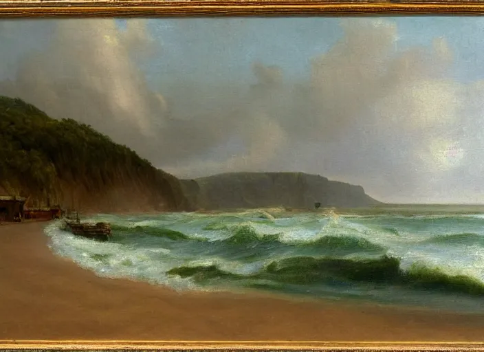 Image similar to the beaches of normandy before d - day, stormy weather in the style of hudson river school of art, oil on canvas