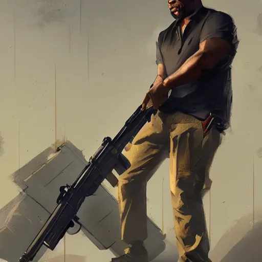 Image similar to franklin from gta v holding a huge machine gun by greg rutkowski