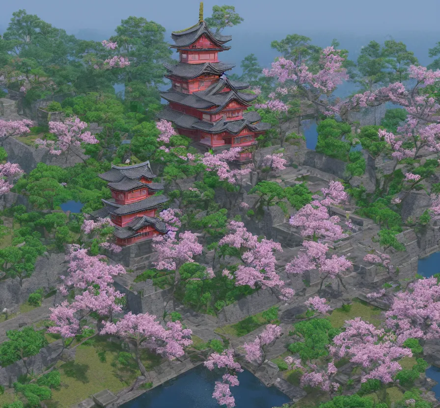 Image similar to realistic japan castle + sakura, pixel art, unreal engine 5, wallpaper, 8 k, ultra detailed, realistic photo, artstation