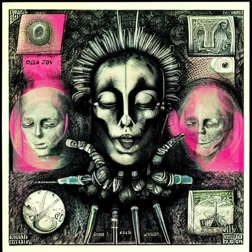 Image similar to post - punk new age album cover, asymmetrical design, dollar bank notes, capitalism, magic, apocalypse, psychedelic, black white pink, magic, giger h. r., giuseppe arcimboldo