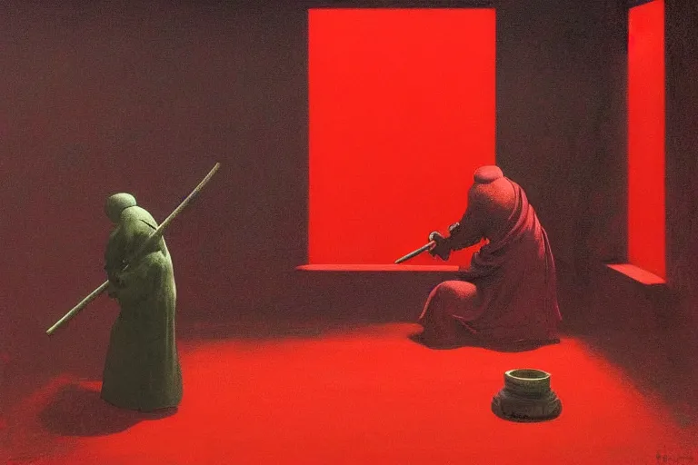 Image similar to only with red, a red samurai harakiri, tokio, a lot of frogs watch, in the style of beksinski, parts by edward hopper, parts by rodcenko, parts by yue minjun, intricate and epic composition, red by caravaggio, insanely quality, highly detailed, masterpiece, red light, artstation, 4 k