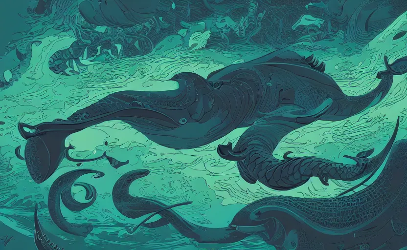 Prompt: dark ocean, complex patterns, artstation, intricate, realistic, highly detailed, digital painting, concept art, sharp focus, illustration by tom whalen and charles williams and kilian eng and james jean