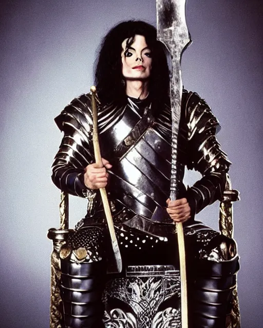 Prompt: michael jackson as king conan, directed by john millius, photorealistic, sitting on a metal throne, wearing ancient cimmerian armor, a battle axe to his side, he has a beard and graying hair, cinematic photoshoot in the style of annie leibovitz, studio lighting