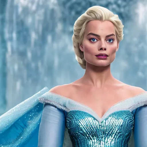 Prompt: Margot Robbie as Elsa in disney frozen live action, 8k full HD photo, cinematic lighting, anatomically correct, oscar award winning, action filled, correct eye placement,