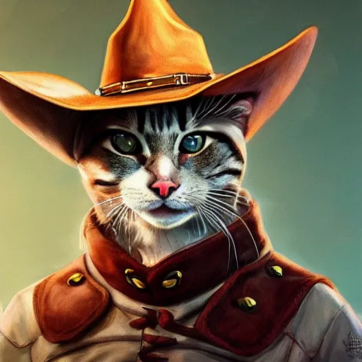 Image similar to cats wearing cowboy and wizard hats, fantasy, hyper realism, trending on artstation