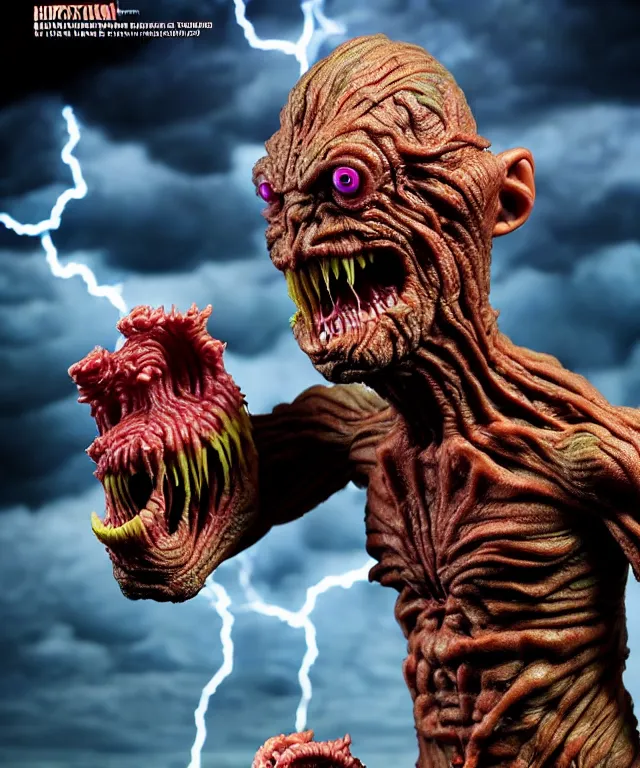 Image similar to hyperrealistic rendering, epic boss battle, cronenberg flesh monster overlord, by art of skinner and richard corben, product photography, collectible action figure, sofubi, hottoys, storm clouds, outside, lightning