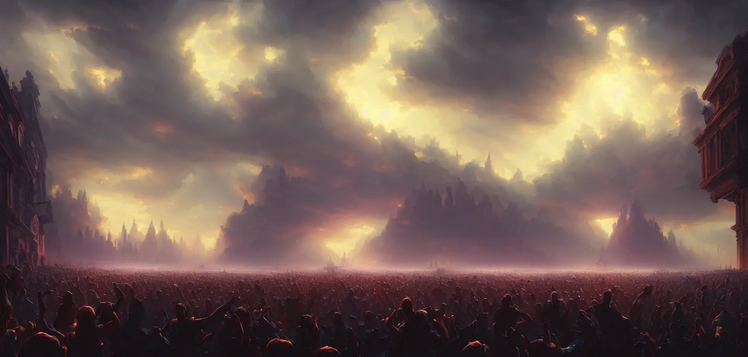 Image similar to painting of a crowd with raised arms pointing toward, cinematic view, epic sky, detailed, concept art, low angle, high detail, warm lighting, volumetric, godrays, vivid, beautiful, trending on artstation, by jordan grimmer, huge scene, art greg rutkowski