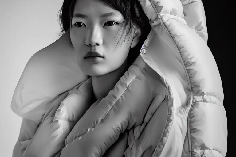 Image similar to well lit fashion shoot portrait of extremely beautiful female marble statue wearing huge over size puffer jacket by dingyun zhang, yeezy, balenciaga, vetements, a cold wall, sharp focus, clear, detailed,, cinematic, detailed, off white, glamourous, symmetrical, vogue, editorial, fashion, magazine shoot, glossy